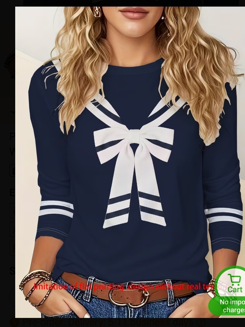 Navy Long Sleeve Top with White Sailor Bow Print